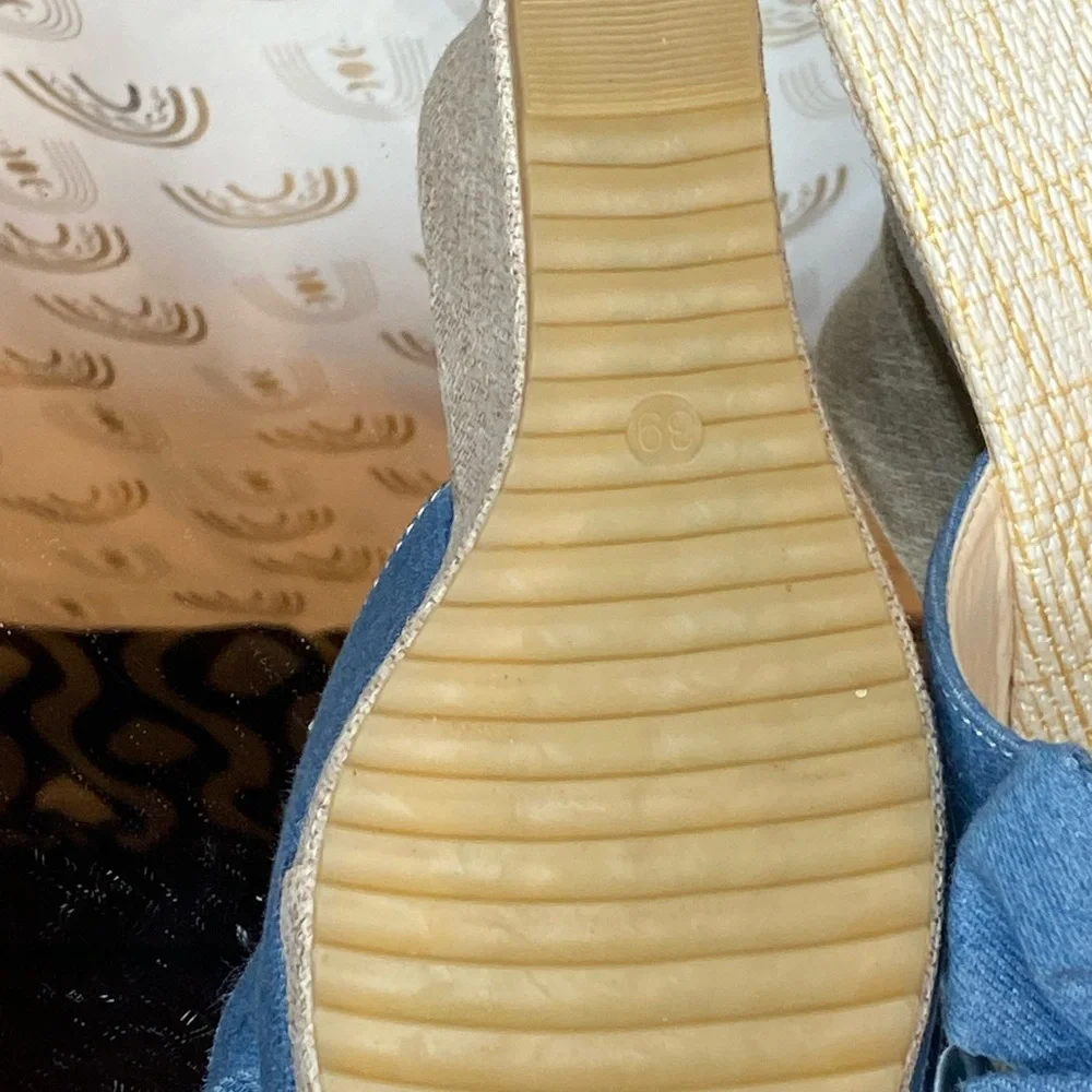 Espadrille Wedge Slide Sandals | Denim Bow | Size 9